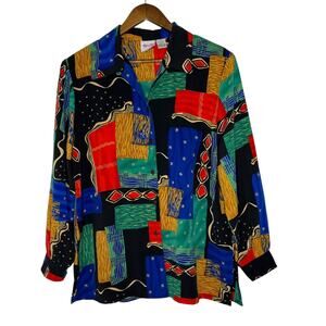 TanJay Women’s Blouse 14 Color Block Abstract Button Down Retro Vintage